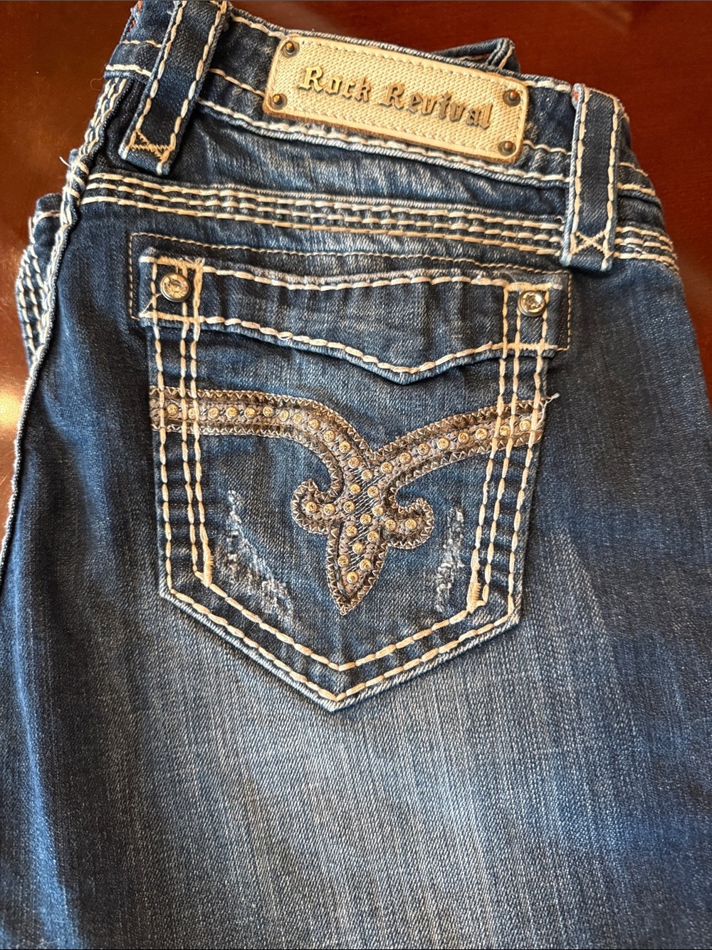 Rock Revival Women's Dark Blue Embellished Pocket Boot Cut Jeans